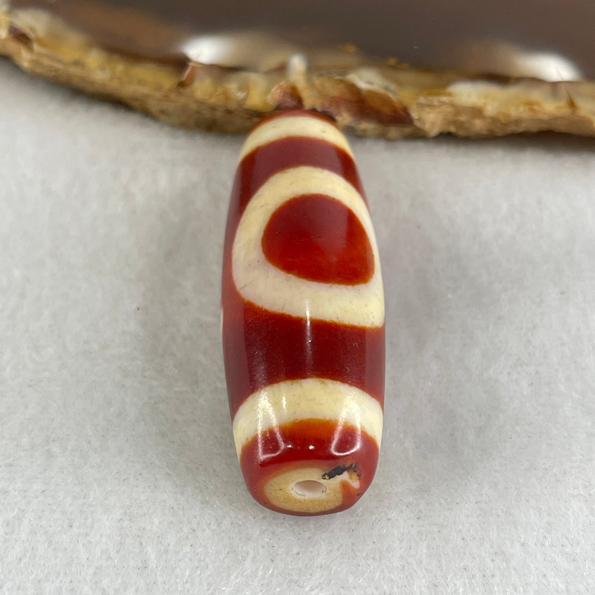 Natural Powerful Tibetan Old Oily Red White Agate One Eye Gold Metal Element Dzi Bead Heavenly Master (Tian Zhu) 一眼金天珠 11.50g 38.6 by 13.9mm - Huangs Jadeite and Jewelry Pte Ltd