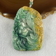 Grand Master Type A Green with Spicy Green and Yellow Piao Hua Jadeite Phoenix with Flower Double Side Pendant 86.78g 72.0 by 48.0 by 12.5mm - Huangs Jadeite and Jewelry Pte Ltd