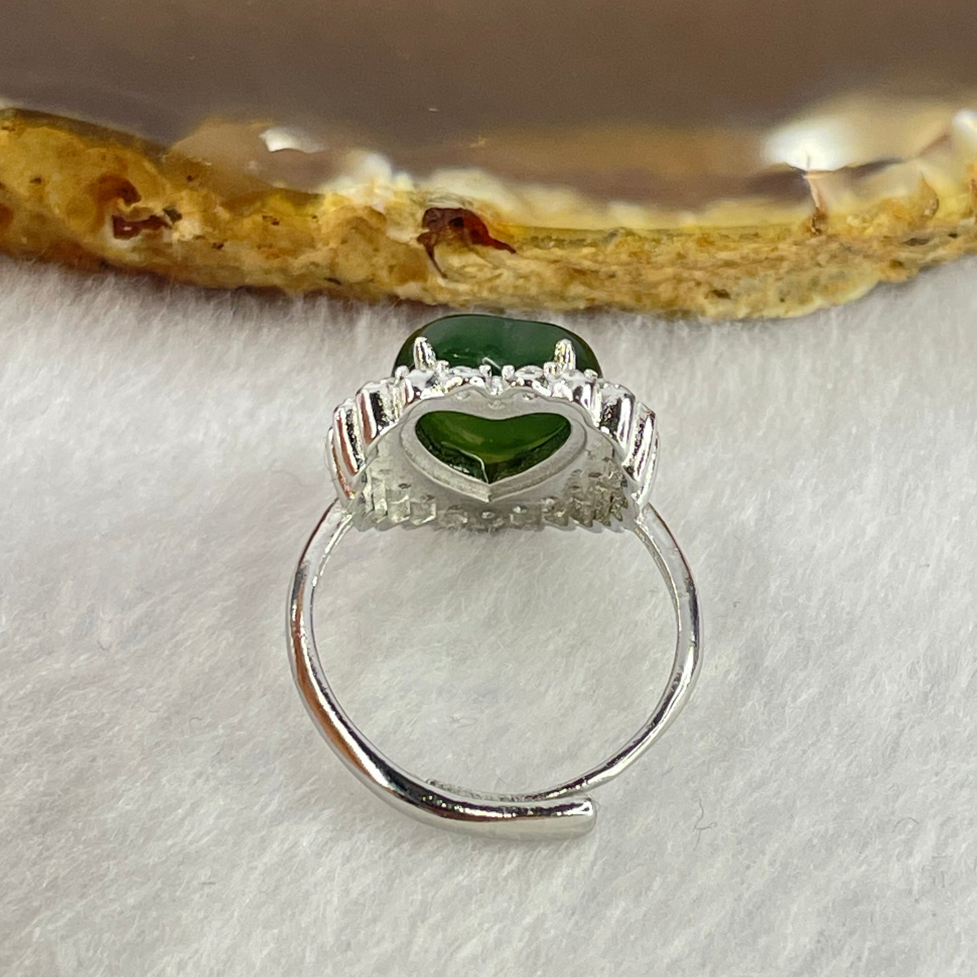 Natural Green Nephrite with Crystals In S925 Sliver Ring  (Adjustable Size) 2.92g 10.4 by 10.0 by 5.0mm - Huangs Jadeite and Jewelry Pte Ltd
