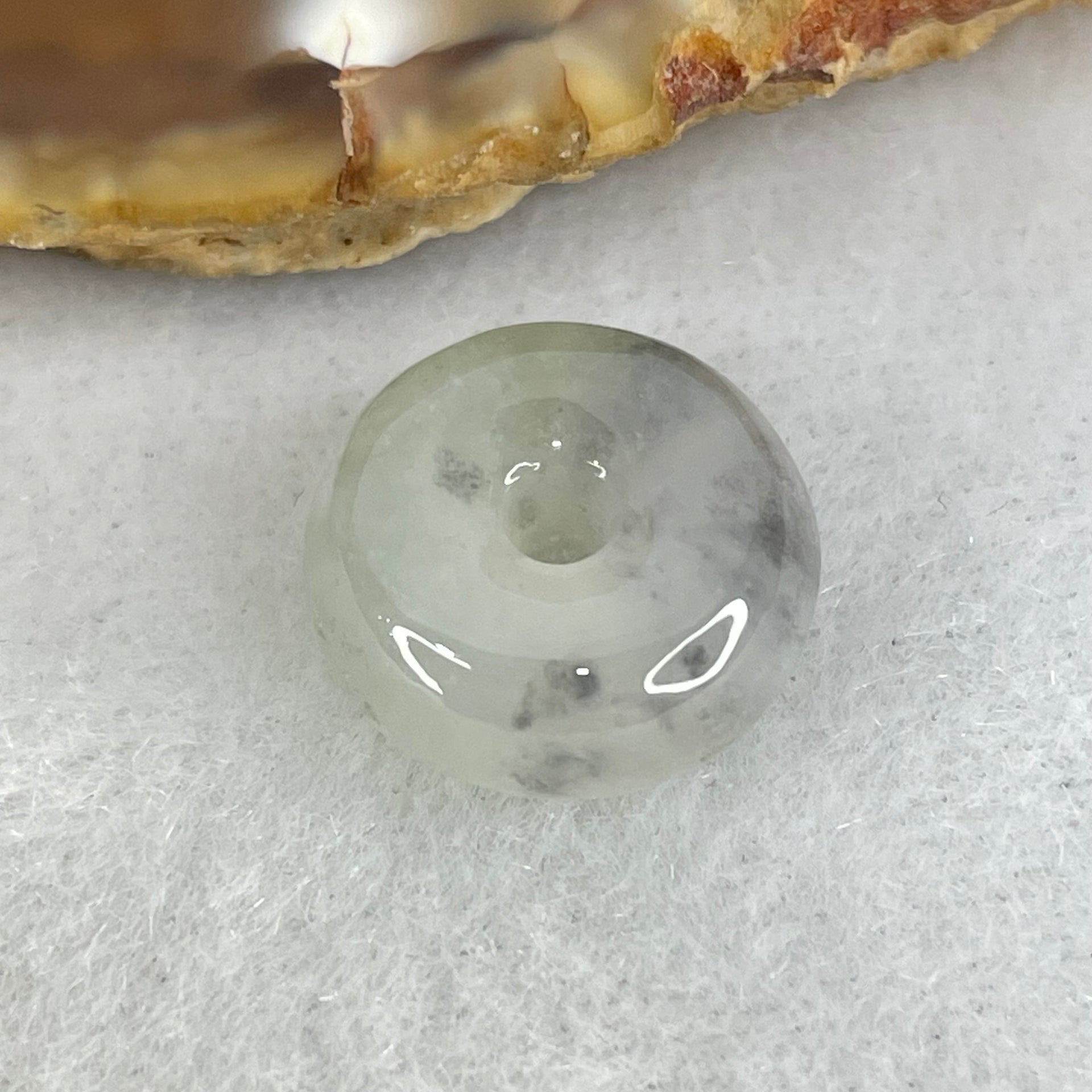 Type A Semi Icy Light Green With Wuji Grey Spots Jadeite Ping An Kou Donut Pendant 2.37g 13.6 by 6.1mm - Huangs Jadeite and Jewelry Pte Ltd
