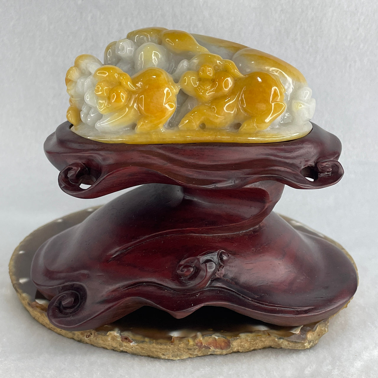 Certified Grand Master Natural Type A Yellow & Light Blueish-Green Jadeite Sculpture | "Golden Pigs Bring Blessings" Imperial Wealth Masterwork | Includes Custom Wooden Stand & Honorary Credentials (448.20g, 95.2x66.3x41.8mm)