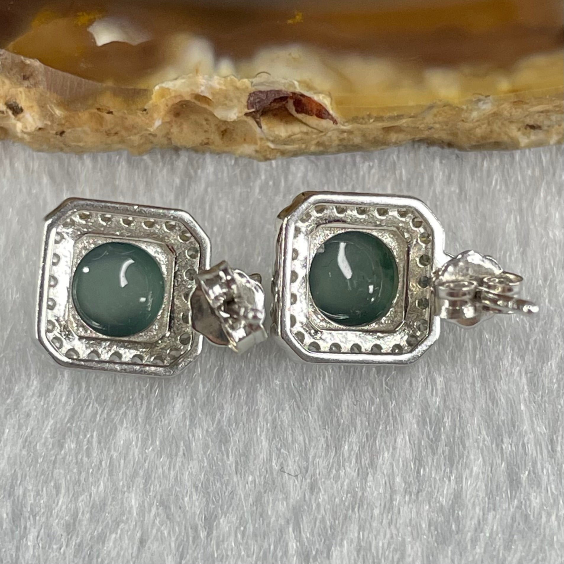 Type A Icy Blueish Green Jadeite Cabochons With Crystals in S925 Sliver Earrings 2.54g 6.6 by 4.0mm - Huangs Jadeite and Jewelry Pte Ltd
