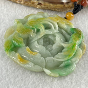 Grandmaster Type A Blueish Green with Green and Yellow Patches Jadeite Three Birds with Flowers Pendant with Beads Necklace 花开富贵 67.26g 60.mm 49.1 by 56.5 by 12.0mm - Huangs Jadeite and Jewelry Pte Ltd