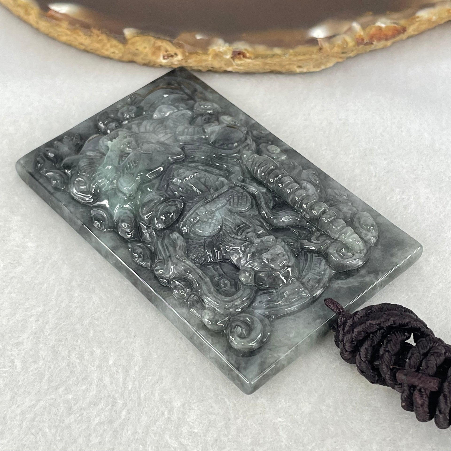 Type A Wuji Black with Light Green Jadeite Zhao Gong Yuashuai God Of Wealth Pendant 70.89g 72.9 by 5.9 by 11.2mm - Huangs Jadeite and Jewelry Pte Ltd