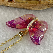 Man Made Pink Butterfly Pendant with Gold Color Necklace 3.39g 25.4 by 17.6 by 4.2mm - Huangs Jadeite and Jewelry Pte Ltd
