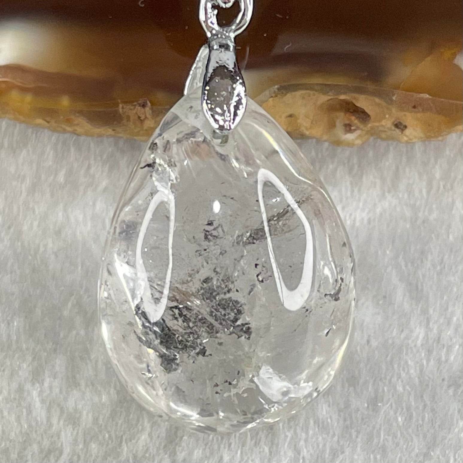 Natural Clear Quartz with Black Tourmaline Teardrop Charm with S925 Sliver Clasps in String Necklace 8.92g 24.4 by 17.9 by 14.5mm - Huangs Jadeite and Jewelry Pte Ltd