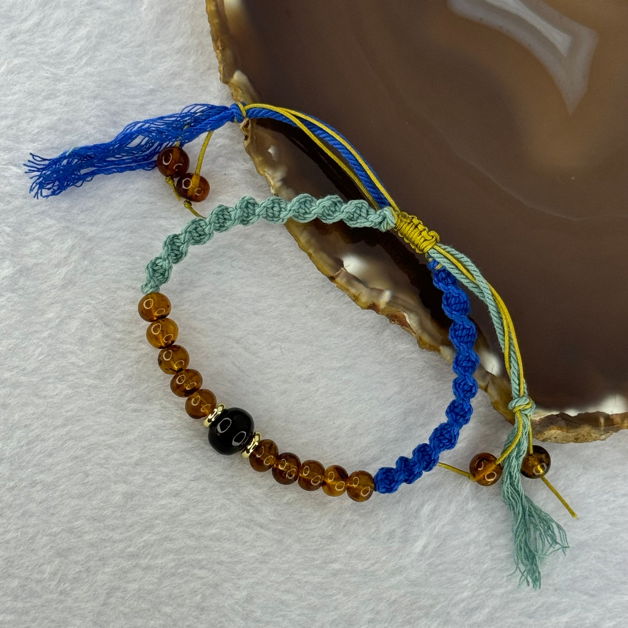 Natural Golden Medicine 6.1mm 10 Beads and Blood Red 9.3mm 1 Bead Amber String Bracelet 天然抚顺琥珀加黄金药琥珀手链 3.78g 15cm - Huangs Jadeite and Jewelry Pte Ltd