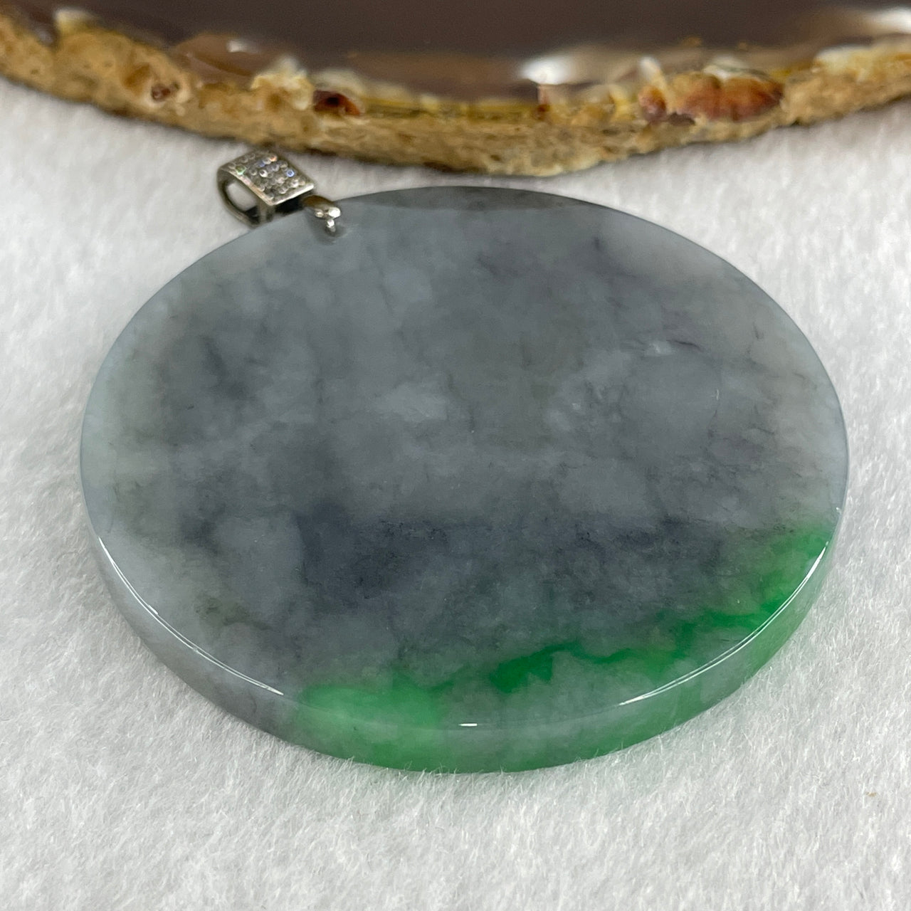 Natural Type A Wuji Grey with High End Bright Green Jadeite Round Wu Shi Pai in S925 Silver with Colourless Cubic Zirconia Pendant 45.18g 56.3 by 5.5mm