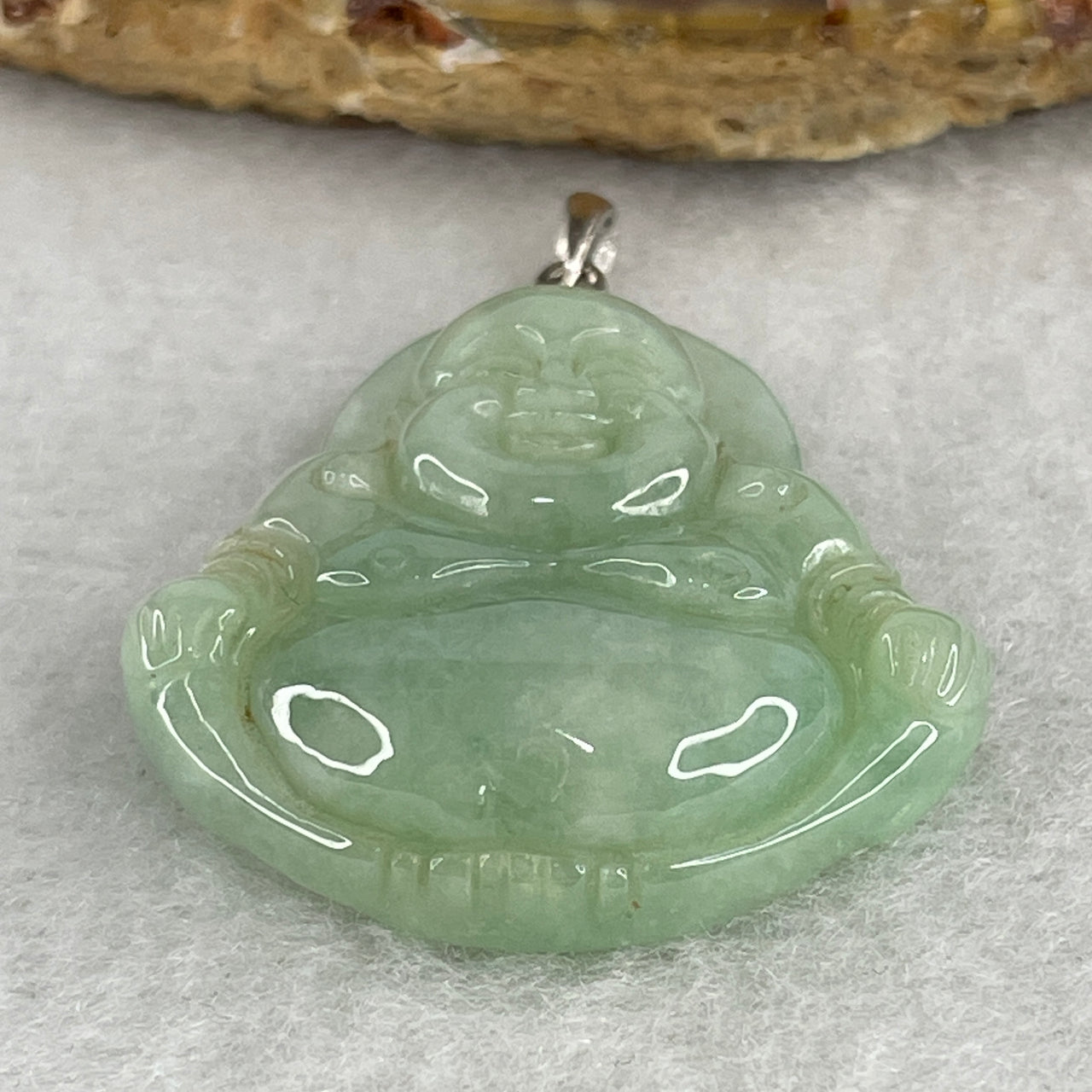 Natural Type A Green Jadeite Milo Laughing Buddha with 18K White Gold Clasp Pendant 14.27g 31.1 by 30.4 by 9.2mm