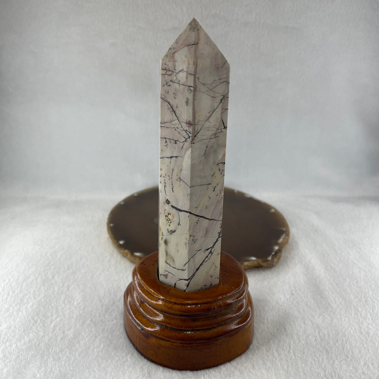 Natural Ligh Brown with Dark Brown Patches Dendritic Jasper Tower with Wooden Stand 403.60g 84.0 by 75.9 by 175.0mm - Huangs Jadeite and Jewelry Pte Ltd