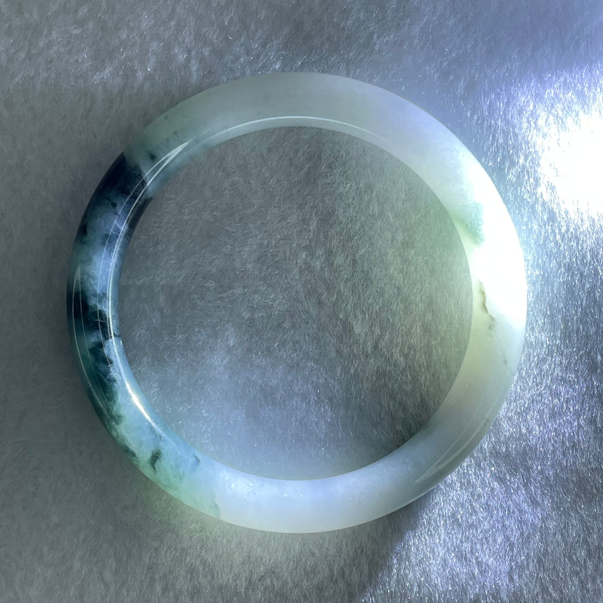 Type A Faint Green with Blueish Green Patches Jadeite Bangle Internal Diameter 53.2mm 31.33g 8.0 by 8.1mm (Internal Lines) - Huangs Jadeite and Jewelry Pte Ltd