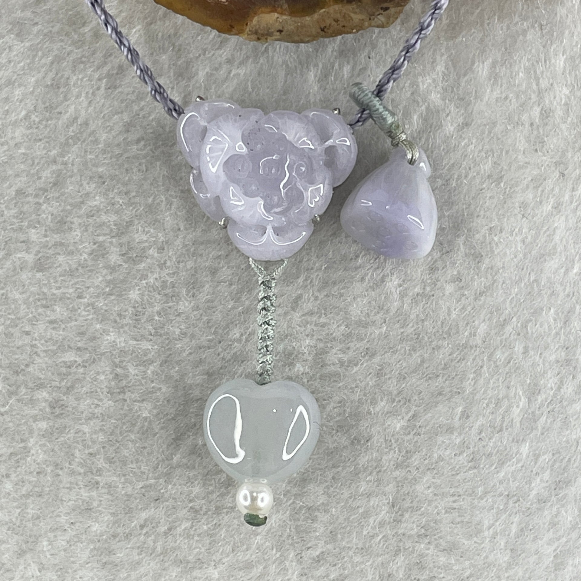 Natural Type A Light Lavender Jadeite Lotus Flower with Heart Shape on String Necklace 6.97g 14.5 by 16.8 by 8.8mm - Huangs Jadeite and Jewelry Pte Ltd