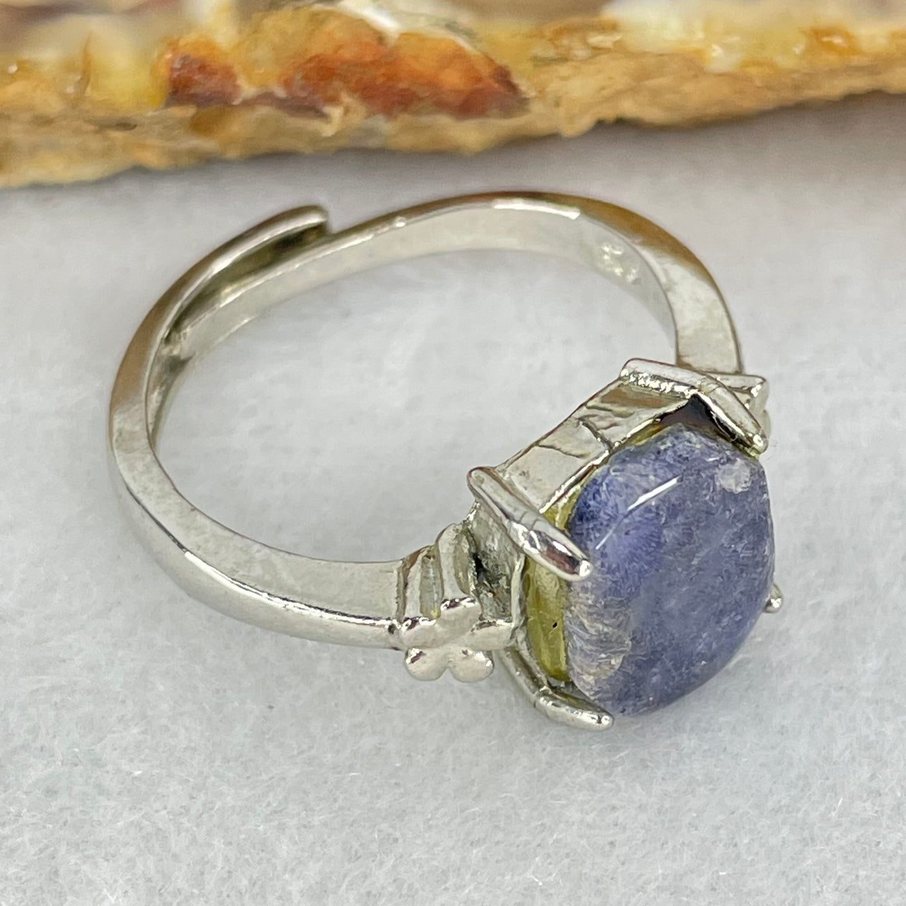 Rare Above Average Natural Blue Dumortierite Rutilated Quartz in S925 Sliver Ring (Adjustable Size) 3.28g 10.9 by 7.4 by 3.5mm - Huangs Jadeite and Jewelry Pte Ltd