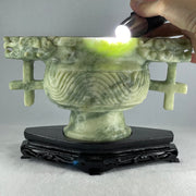 Natural Green with White Piao Hua Serpentine Double Dragon Head on Wealth Pot with Wooden Stand Display 2,463.9g 231.0 by 127.0 by 156.0mm - Huangs Jadeite and Jewelry Pte Ltd