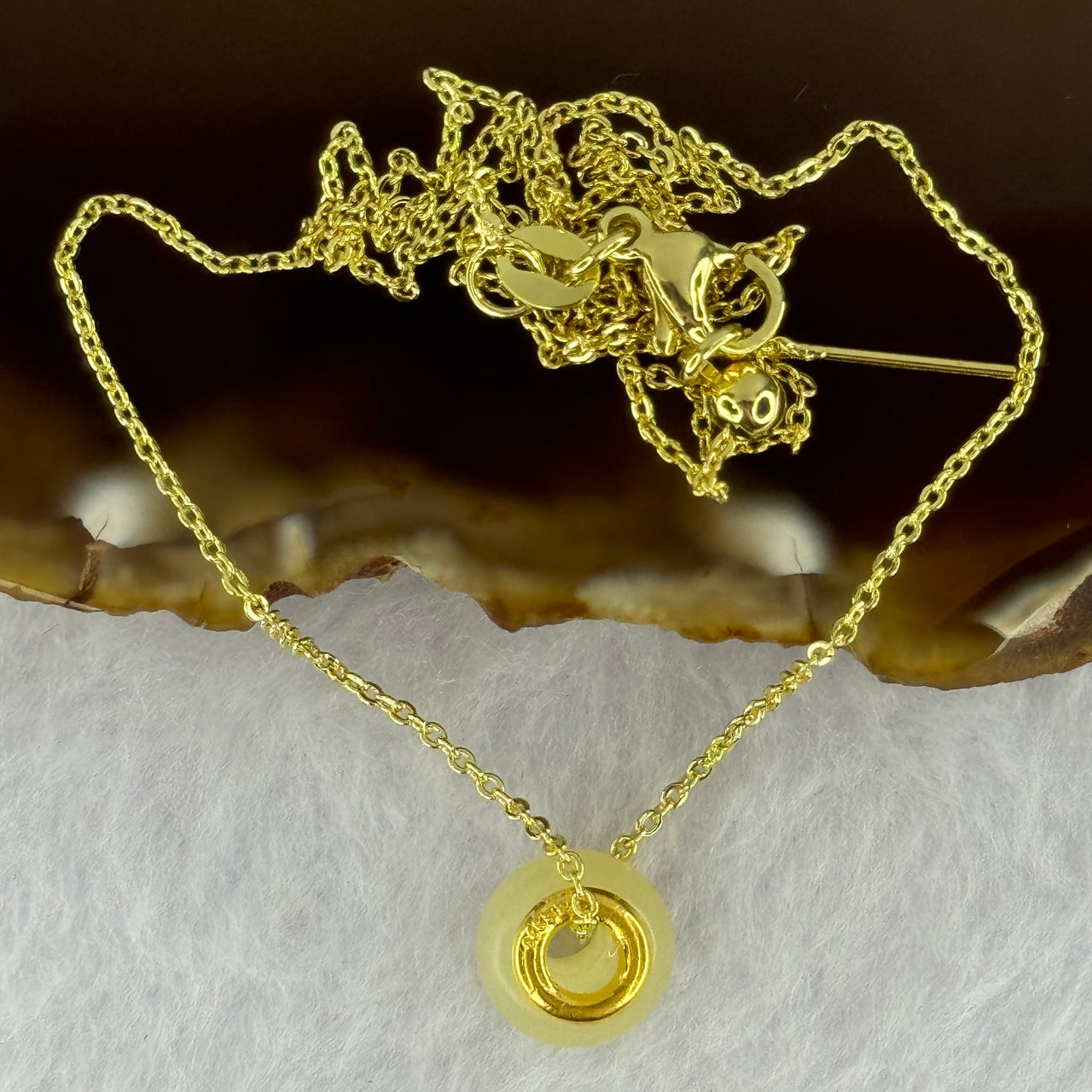 Natural Yellowish Nephrite Ping An Kou Donut 999 Gold Pendent in Gold Color Necklace 2.85g 10.0 by 6.0mm - Huangs Jadeite and Jewelry Pte Ltd