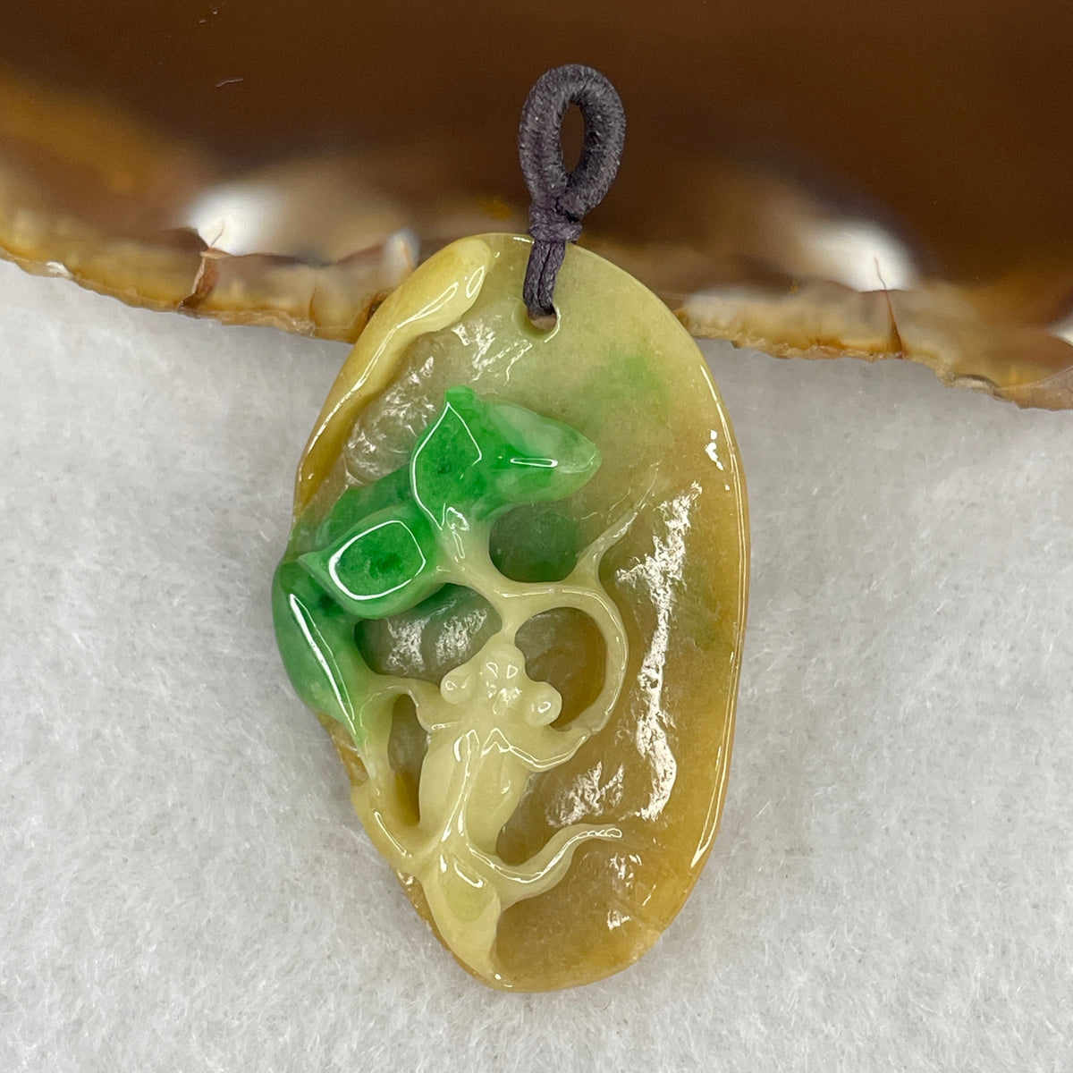 Natural Type A Brownish with Green Jadeite Fish with Leaf Pendant | Abundant Wealth & Rooted Harmony (9.02g | 37.9x24.6x9.6mm)