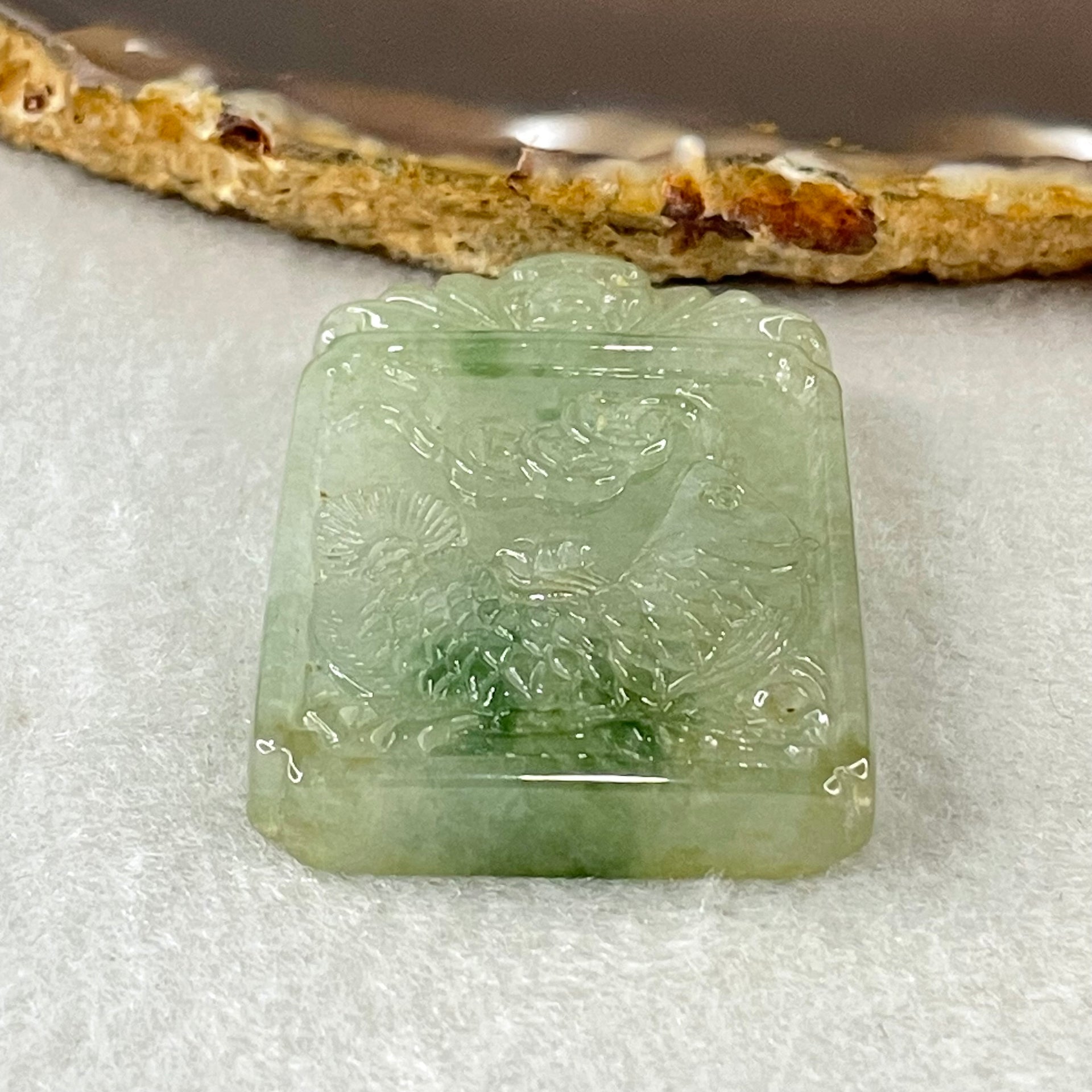 (Pre-Love) Lotus on Water by Yun Long Zi Type A Semi Icy Light Green with Green Piao Hua Jadeite Arona Fish with Bat and Coins 30.46g 48.9 by 31.6 by 7.9mm with Full Original Box Set - Huangs Jadeite and Jewelry Pte Ltd
