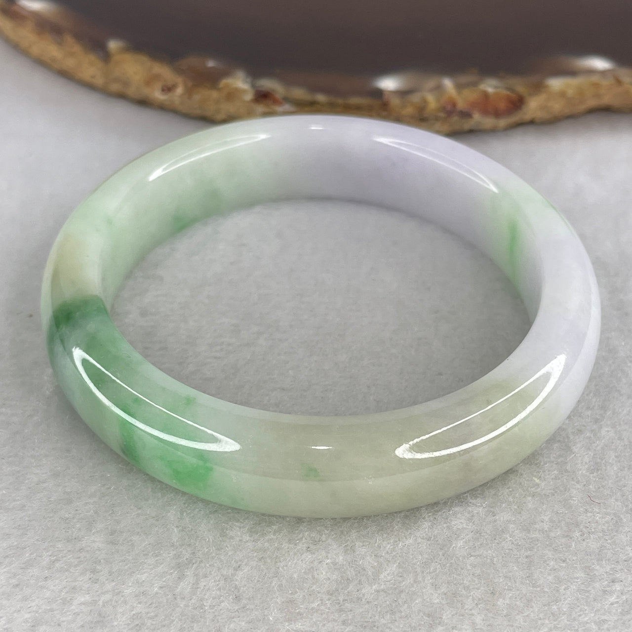 Natural Type A Multicolor Jadeite Bangle | 53.2mm Light Green & Light Lavender with Emerald Green Patches | Close to Perfect Premium Luxury "Fei Cui" Wrist Heirloom (49.27g 12.0x7.9mm)