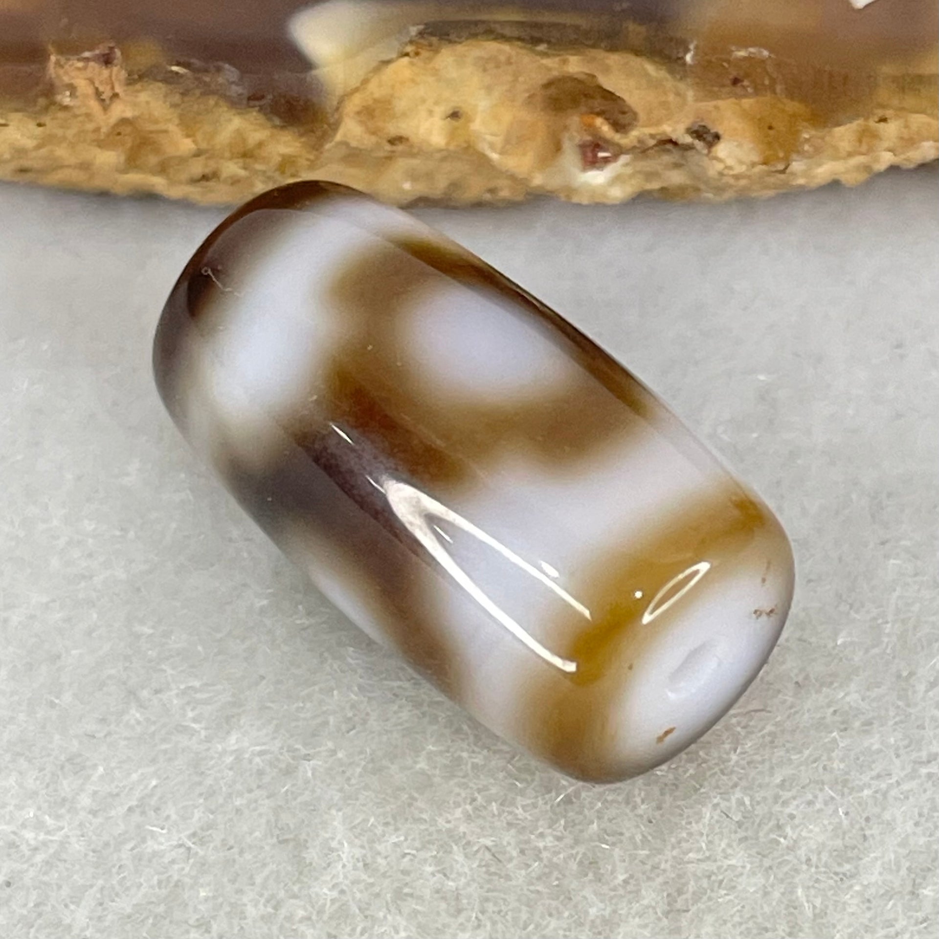 Natural Powerful Tibetan Old Oily Dark Brown With White Agate 3 Eyes Dzi Bead Heavenly Master (Tian Zhu) 三眼天诛 3.95g 19.6 by 10.8mm - Huangs Jadeite and Jewelry Pte Ltd