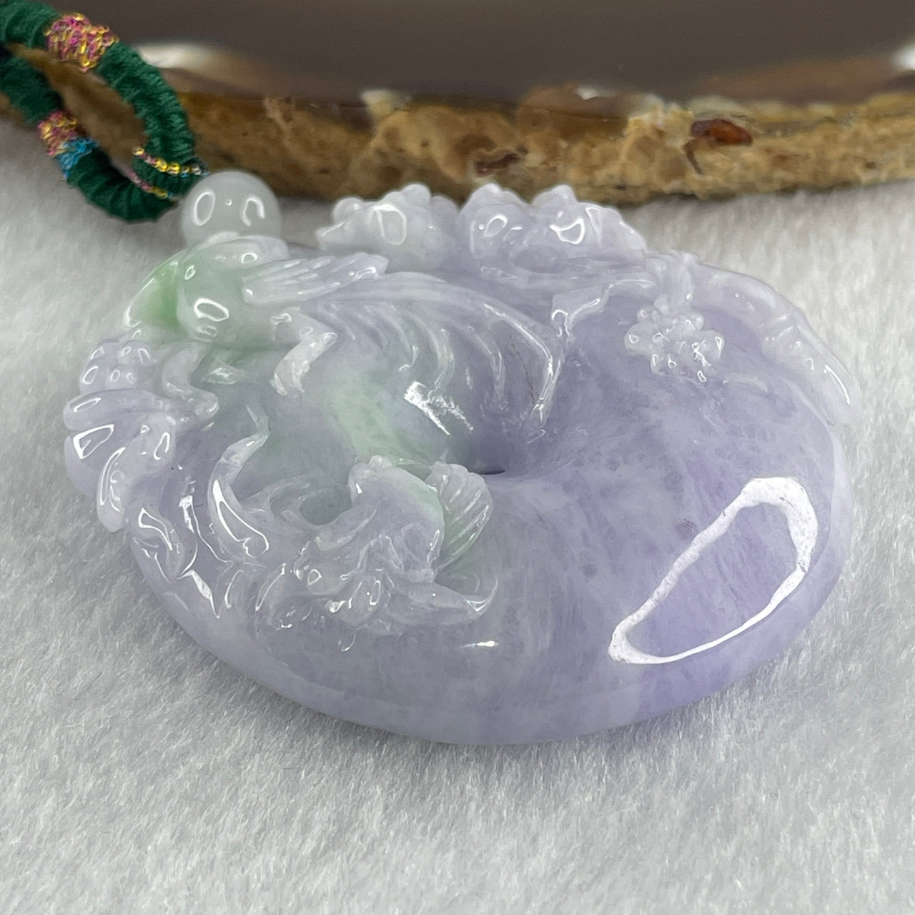 Type A Intense Lavender with Green Piao Hua Jadeite Ping An Kou with Twin Birds and Flower Pendant 60.75g 53.2 by 51.6 by 11.9mm