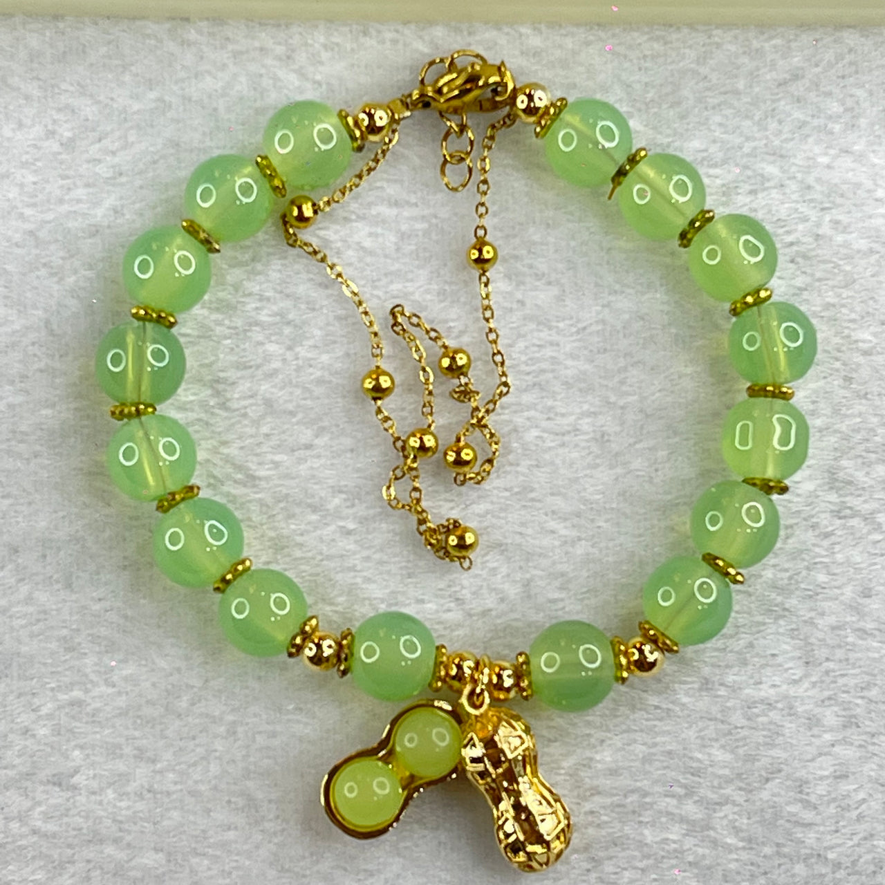 Green Chalcedony Beads and Peanut in Gold Color Bracelet 15.97g 14cm 8.1mm 16 Beads - Huangs Jadeite and Jewelry Pte Ltd