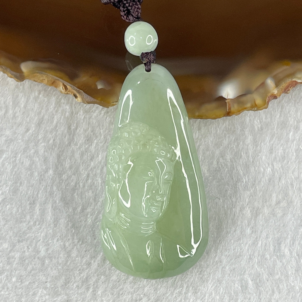 Natural Type A Light Green Jadeite Buddha Pendant 18.54g 43.2 by 22.5 by 11.8mm