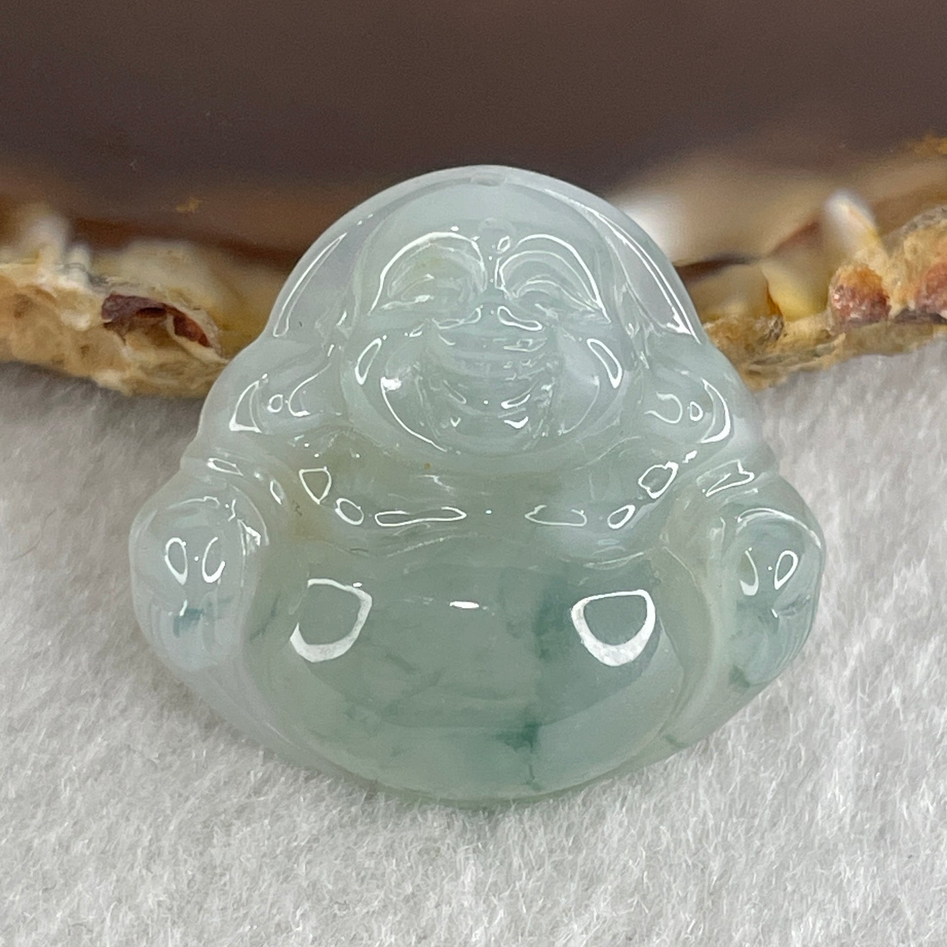 Certified Natural Type A Jelly Light Green with Green Piao Hua Jadeite Milo Laughing Buddha 6.33g 23.7 by 25.8 by 7.2mm - Huangs Jadeite and Jewelry Pte Ltd