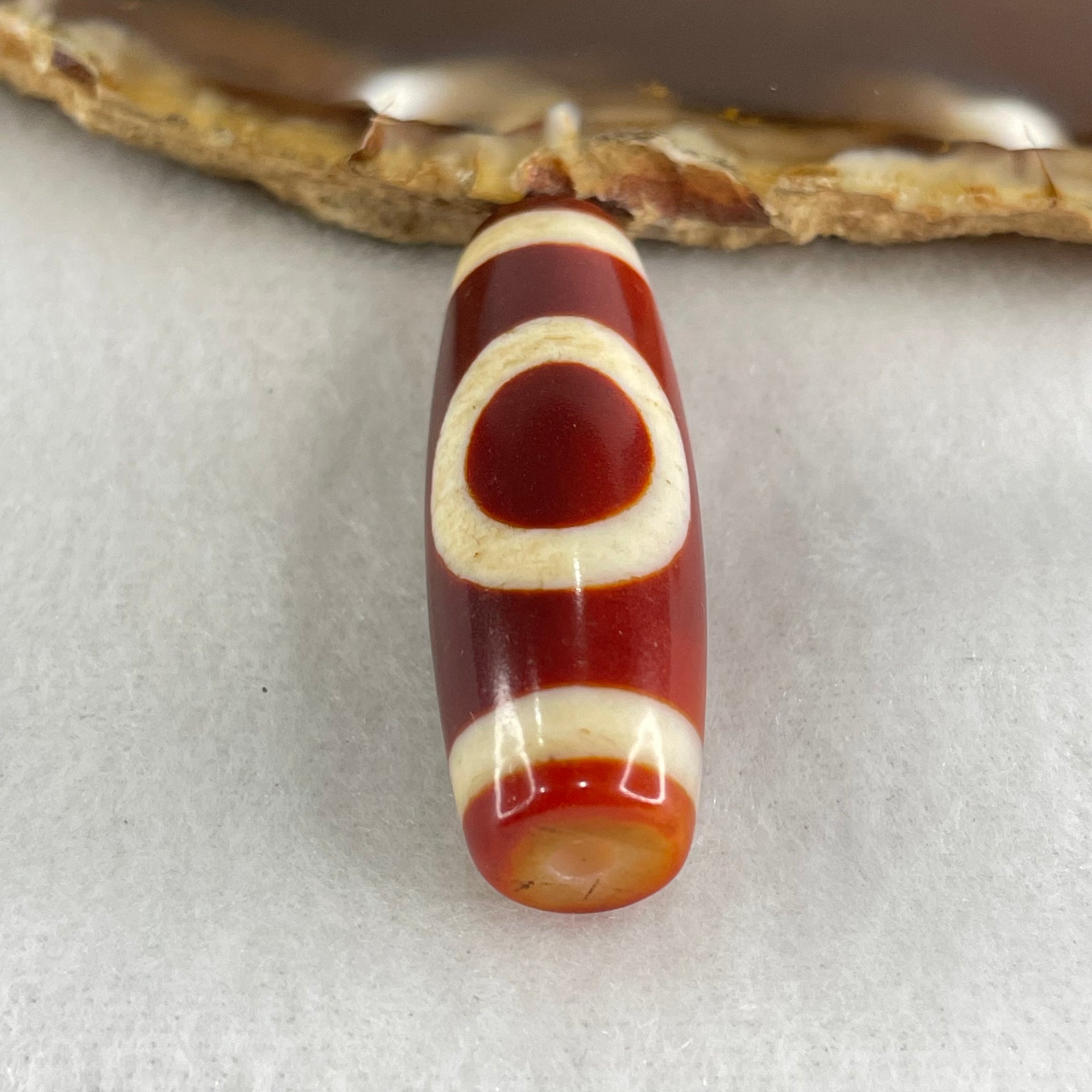 Natural Powerful Tibetan Old Oily Red White Agate One Eye Gold Metal Element Dzi Bead Heavenly Master (Tian Zhu) 一眼金天珠 10.45g 37.9 by 13.4mm - Huangs Jadeite and Jewelry Pte Ltd
