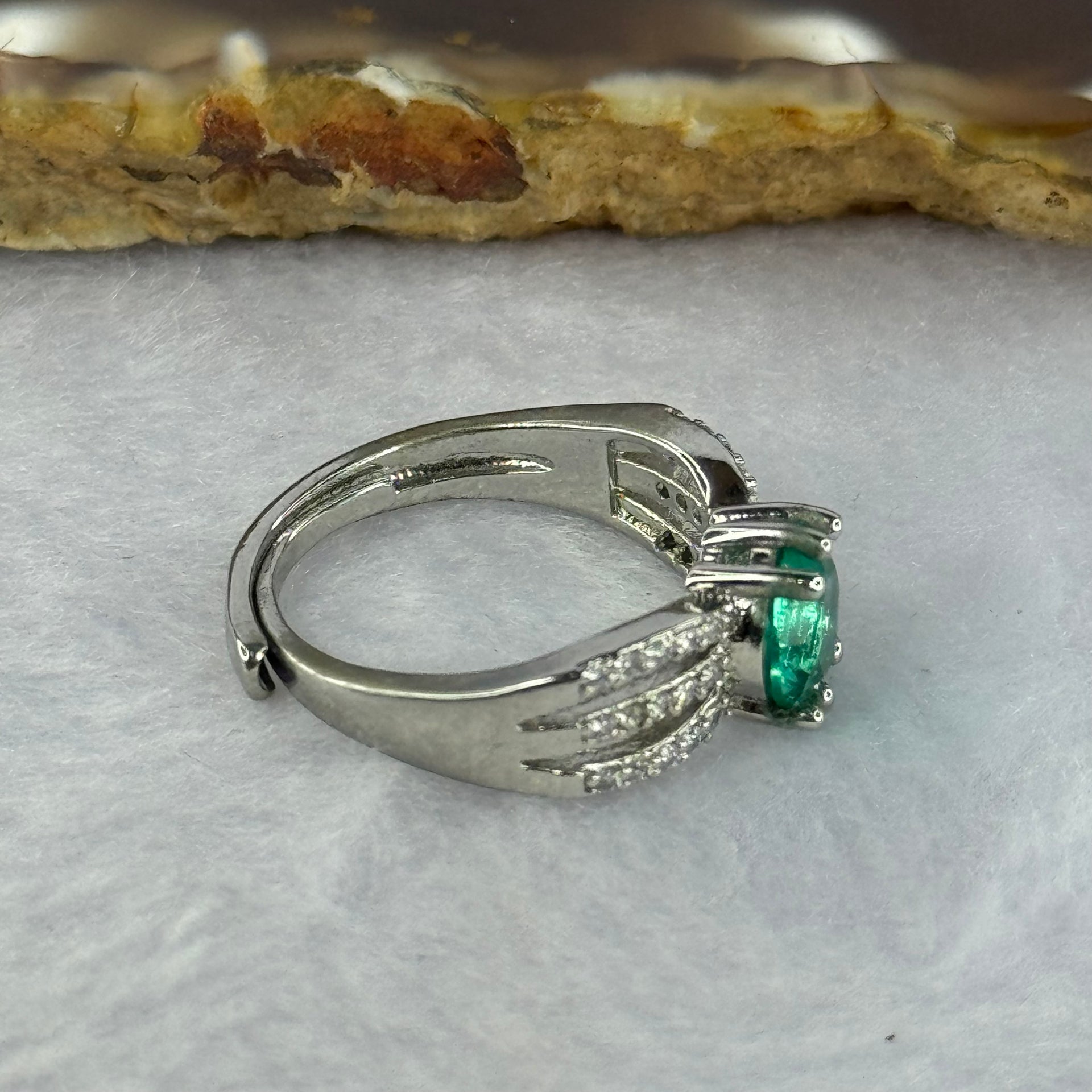 Blueish Green Cubic Zirconia in PT950 Plated S925 Sliver Ring (Adjustable Size) 2.91g 6.8 by 4.3mm - Huangs Jadeite and Jewelry Pte Ltd