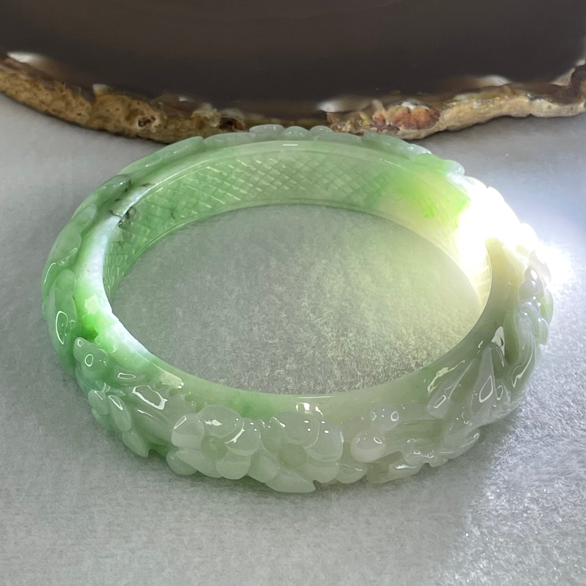 Type A Green with Faint Lavender Jadeite Deer with Ruyi and Flowers Bangle Inner Diameter 60.5mm 12.9 by 10.6mm and Pendant 58.6 by 12.9mm Total 153.67g - Huangs Jadeite and Jewelry Pte Ltd