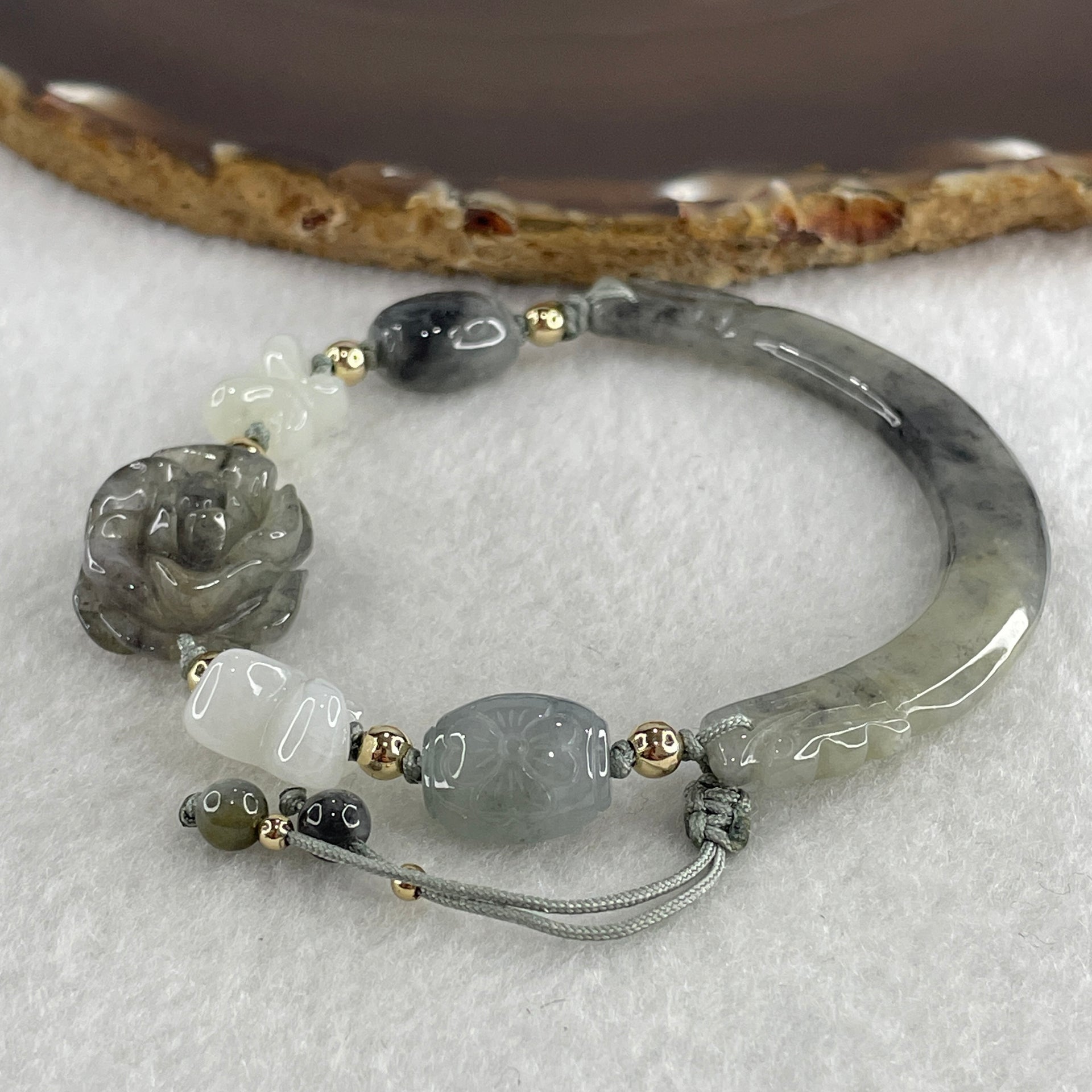 Natural Type A Jelly Wuji Grey Jadeite Double Dragon Head with Lotus Flowers and Butterfly Charm Bracelet 22.46g 4.2 by 8.7mm - Flower 21.1 by 17.2 by 9.7mm - Huangs Jadeite and Jewelry Pte Ltd