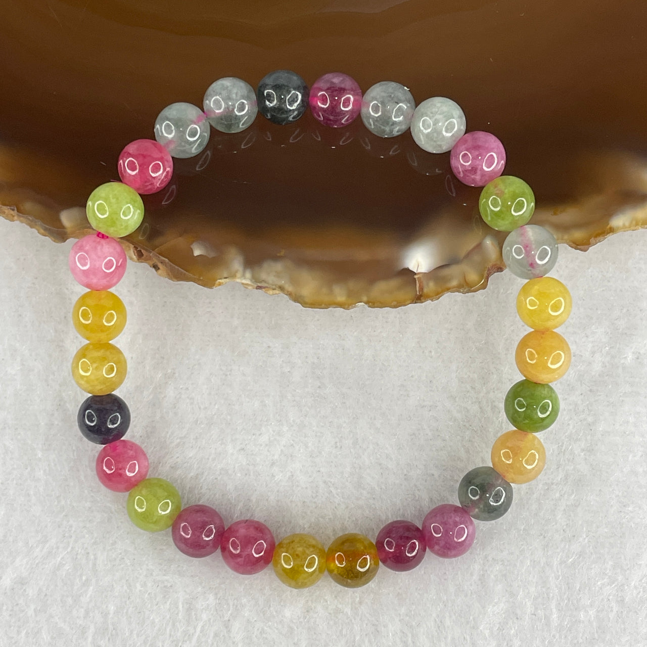 Natural Tourmaline Crystal Bead Bracelet | Untreated Candy-Tone Gemstone Stretch Bracelet (10.15g | 14.5cm Wrist | 6.5mm | 28 Beads)