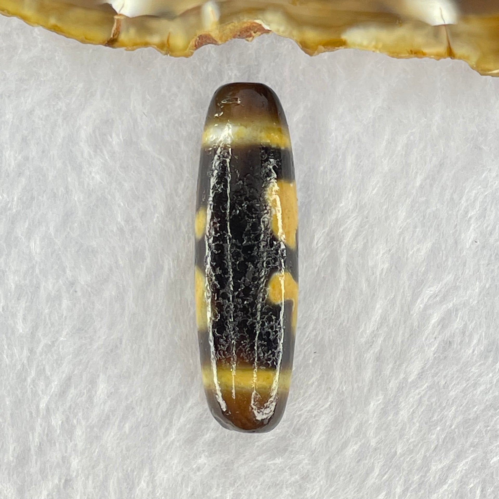 Natural Powerful Tibetan Old Oily Brown Yellowish White Agate Green Tara Dzi Bead Heavenly Master (Tian Zhu) 绿度母天珠 7.47g 38.2 by 11.6mm - Huangs Jadeite and Jewelry Pte Ltd