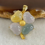 Type A Semi Icy Faint Lavender and Blueish Green and Yellow Jadeite 4 Leafs Clover in 18K Yellow Gold Pendant4.57g 9.4 by 6.0 by 4.9mm 4Pcs - Huangs Jadeite and Jewelry Pte Ltd