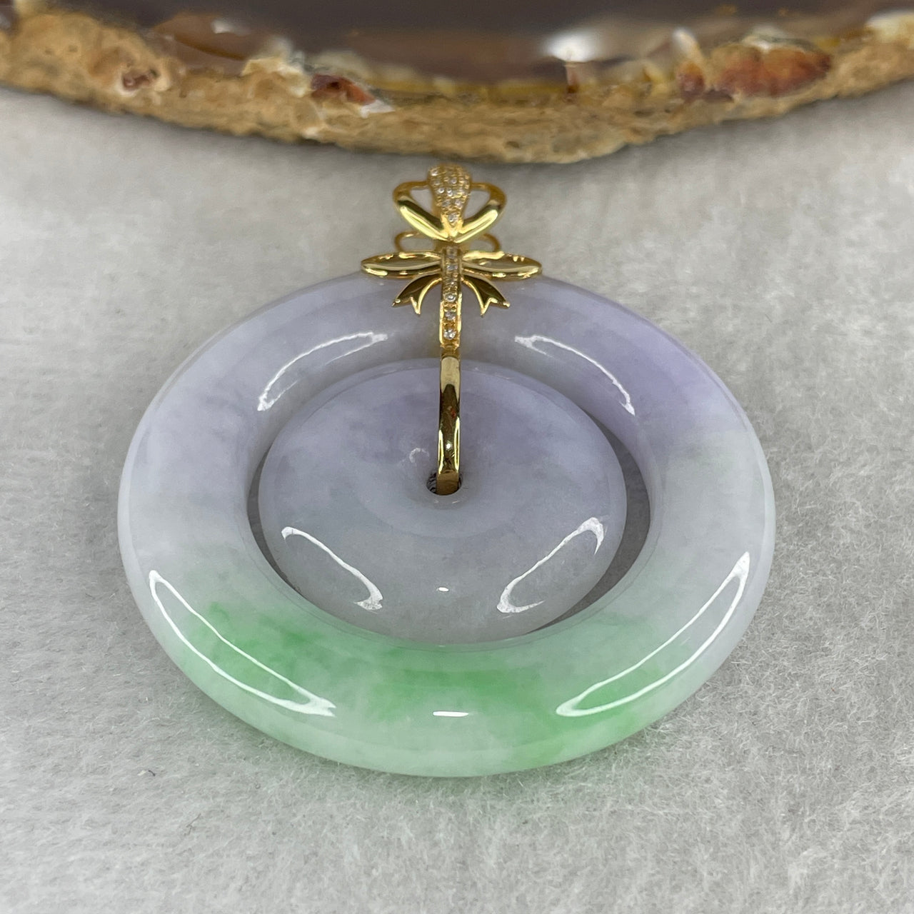Natural Type A Jadeite Double Ping An Kou Pendant with Diamonds in 18K Rose Gold | Conjoined Lavender & Vibrant Emerald Green Safety Donut Interlocking Masterpiece (24.48g 42.6x6.3mm and 23.5x6.3mm)