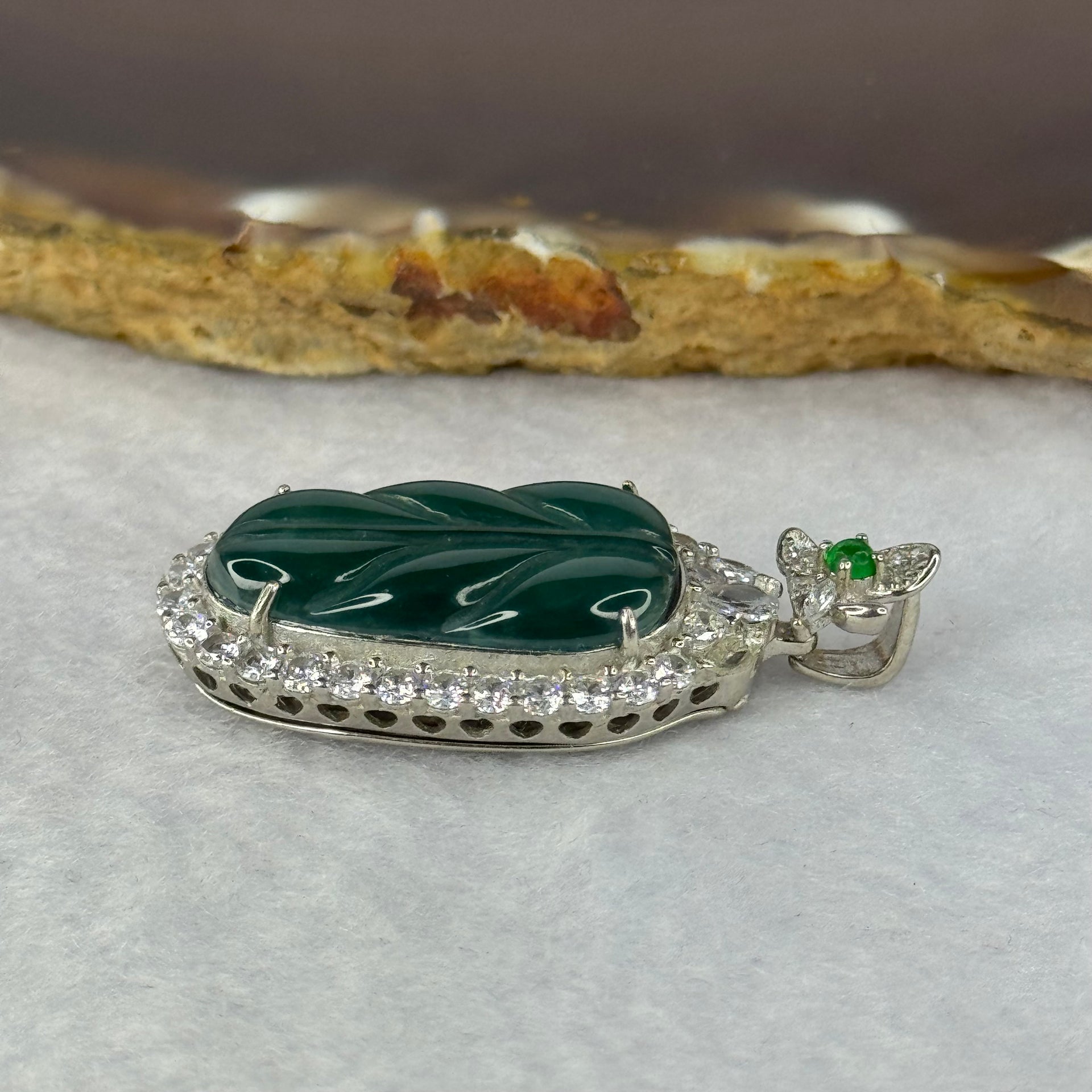 Type A ICY Blueish Green Jadeite Leaf in S925 Silver with Crystals Pendent 7.30g 23.5 by 13.5 by 3.0mm - Huangs Jadeite and Jewelry Pte Ltd