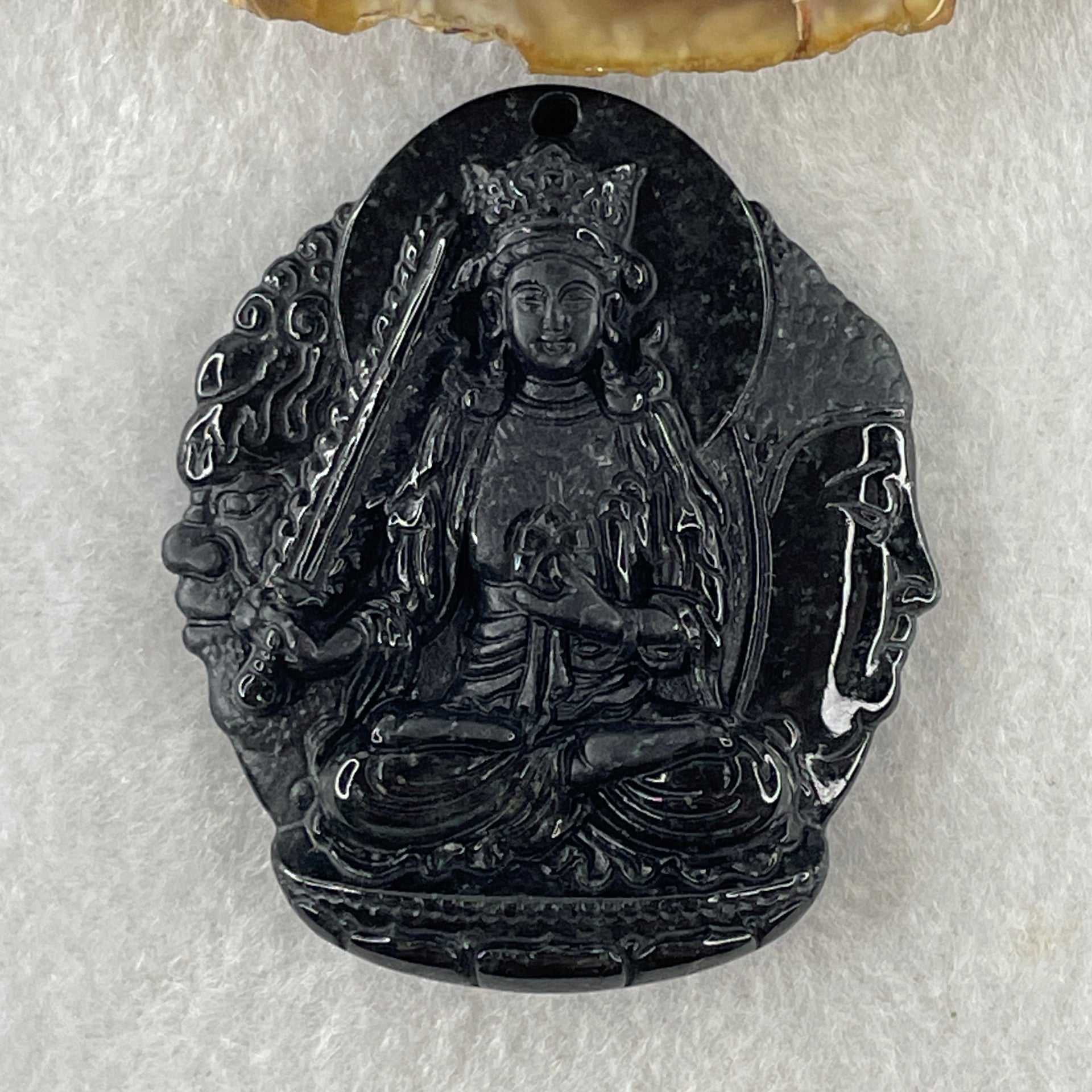 Type A Opaque Black Omphacite Jadeite Good Vs Evil Akasagarbha Bodhissattva Pendant Ox and Tiger Zodiac Guardian 39.80g 50.8 by 43.7 by 11.4mm - Huangs Jadeite and Jewelry Pte Ltd