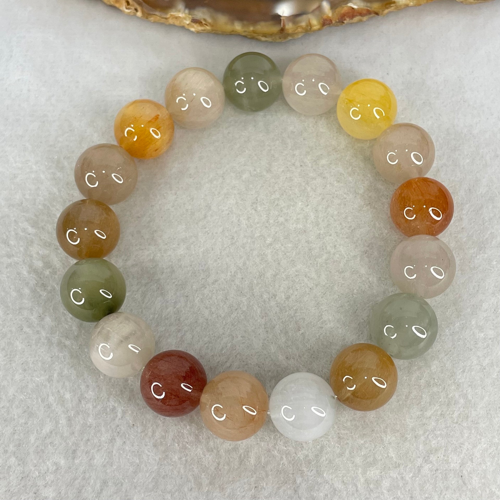 Above Average Grade Natural Muti Colour Rabbit Hair Rutilated Quartz Beads Bracelet 46.75g 18cm 12.7mm 17 Beads - Huangs Jadeite and Jewelry Pte Ltd