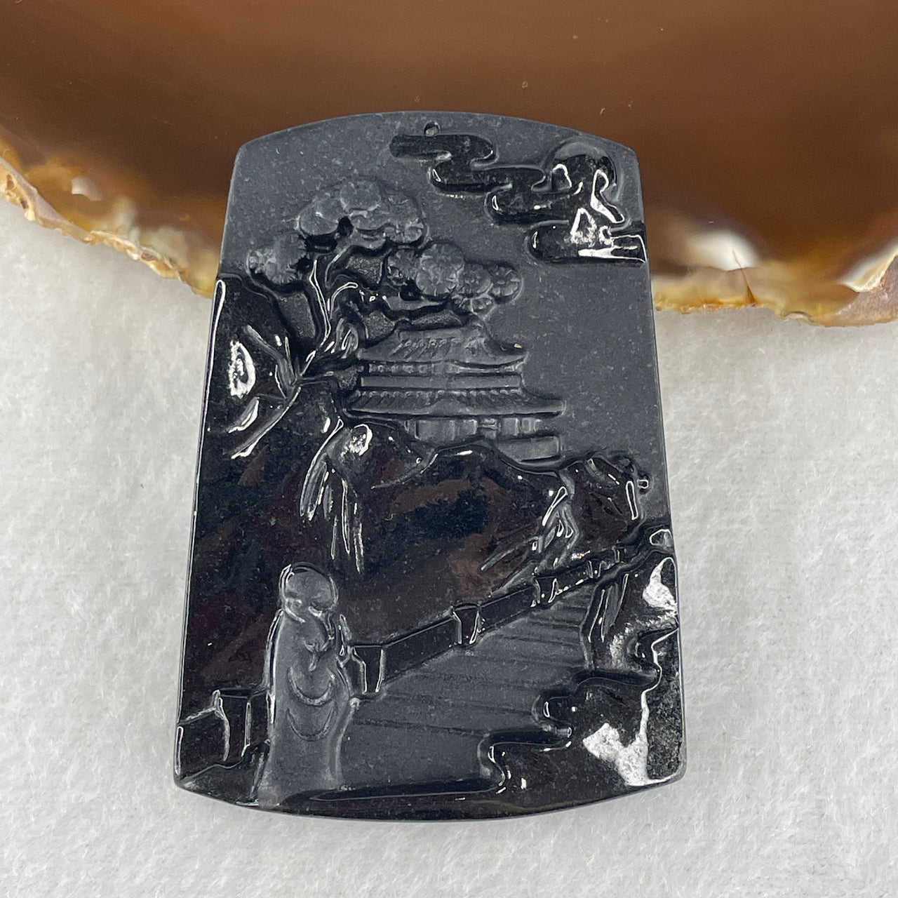 Certified Natural Type A Black Omphacite Jadeite Pagoda Shan Shui with Guiren Benefactor Pendant 26.92g 60.8 by 43.3 by 8.9mm