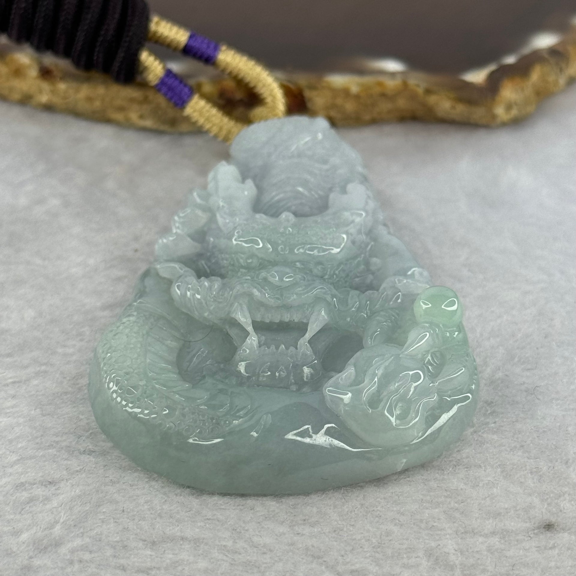 Type A Green Lavender Jadeite Dragon Pendant 61.74g 72.1 by 47.2 by 13.3mm - Huangs Jadeite and Jewelry Pte Ltd