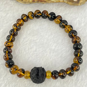 Natural Dark Brownish Yellow Flower Amber Beads Bracelet 天然抚顺金珀手链 7.13g 15.5cm 7.9mm 29 Beads - Huangs Jadeite and Jewelry Pte Ltd
