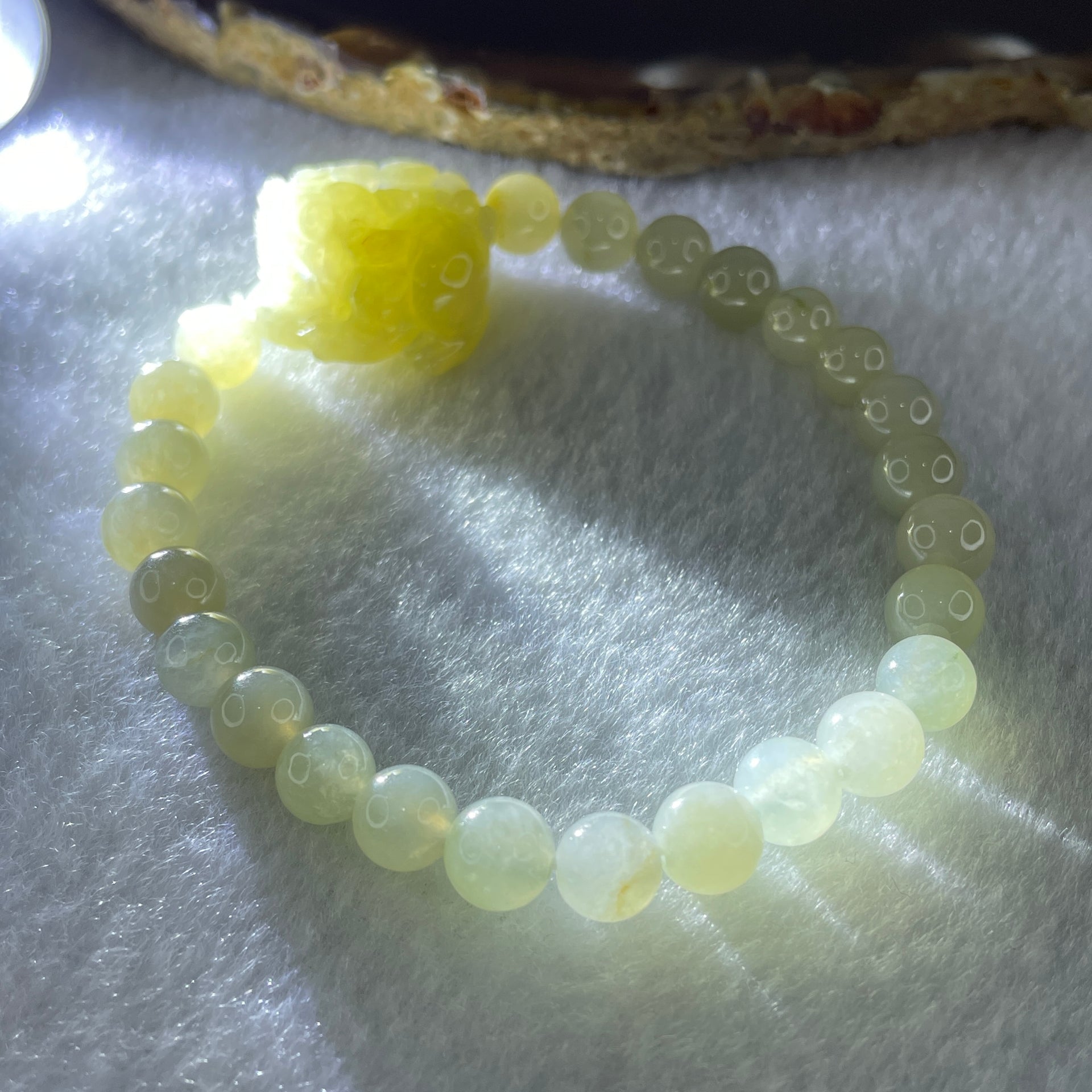 Special Edition Natural Type A Light Green with Yellow Jadeite Male Pixiu 20.9 by 17.7 by 13.0mm with Jadeite Beads Bracelet 22.18g 16cm 7.0mm 25 Beads - Huangs Jadeite and Jewelry Pte Ltd