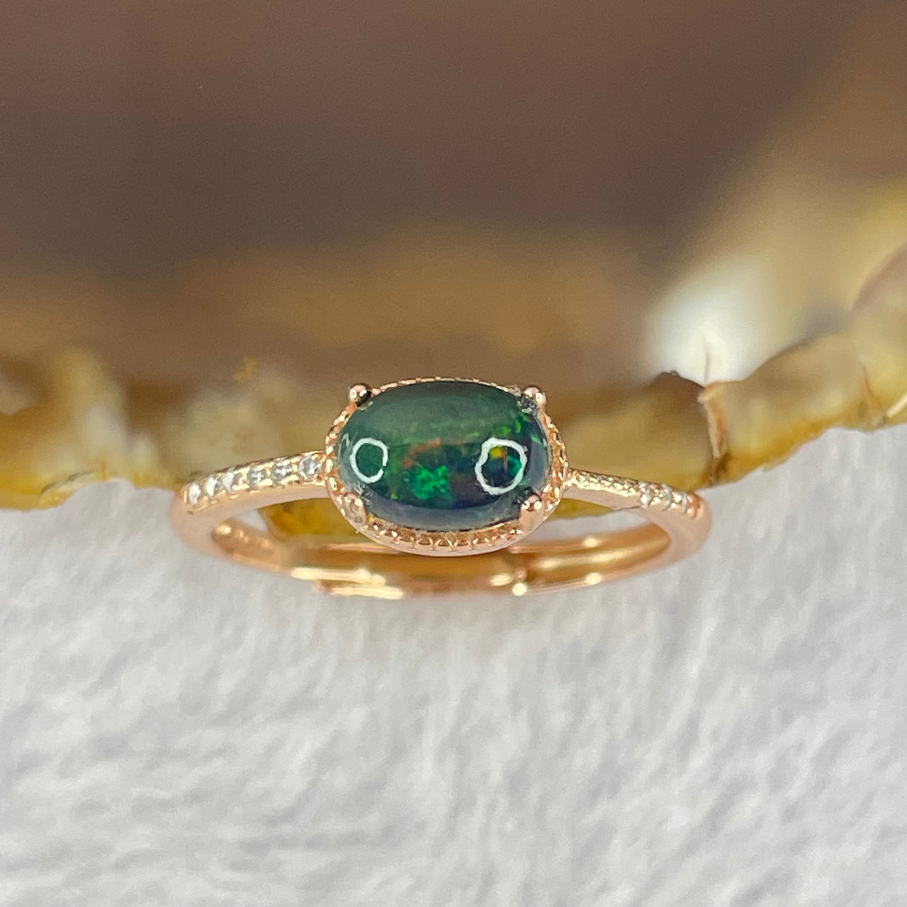 Natural Black Opal with Crystals In S925 Sliver in Rose Gold Color Ring (Adjustable Size) 1.36g 6.8 by 4.8 by 2.8mm - Huangs Jadeite and Jewelry Pte Ltd