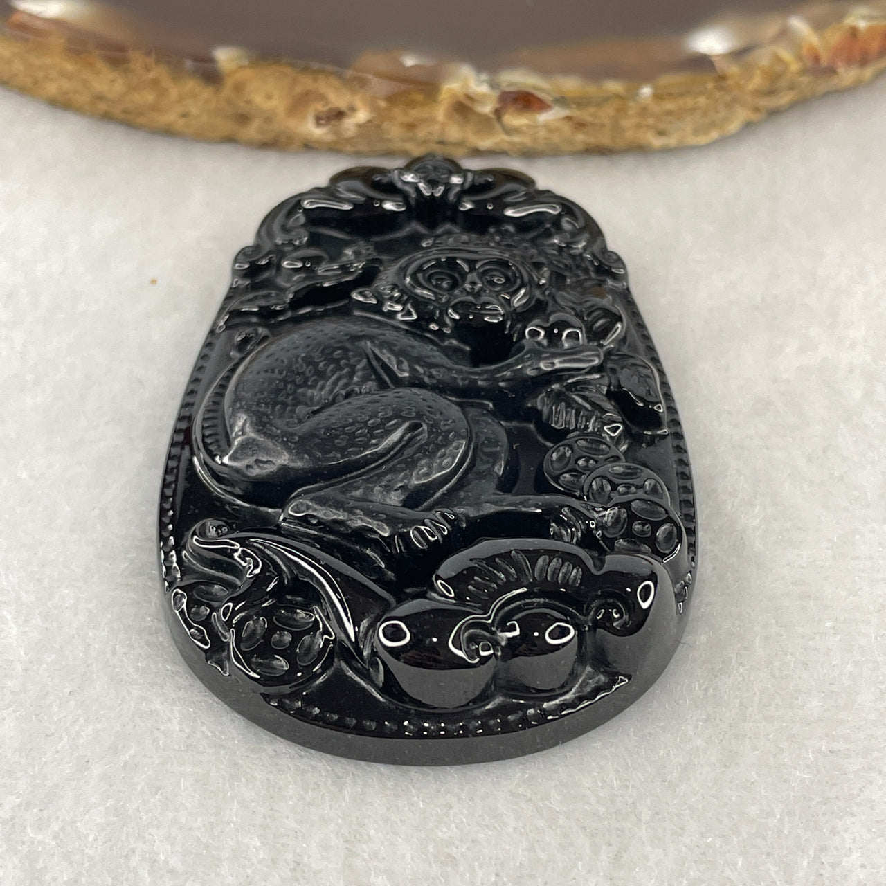 Certified Type A Opaque Black Omphacite Jadeite Monkey, Bat & Ruyi Pendant | Intelligence, Swift Fortune & Authority Talisman (30.05g | 59.7 x 39.9 x 9.8mm)