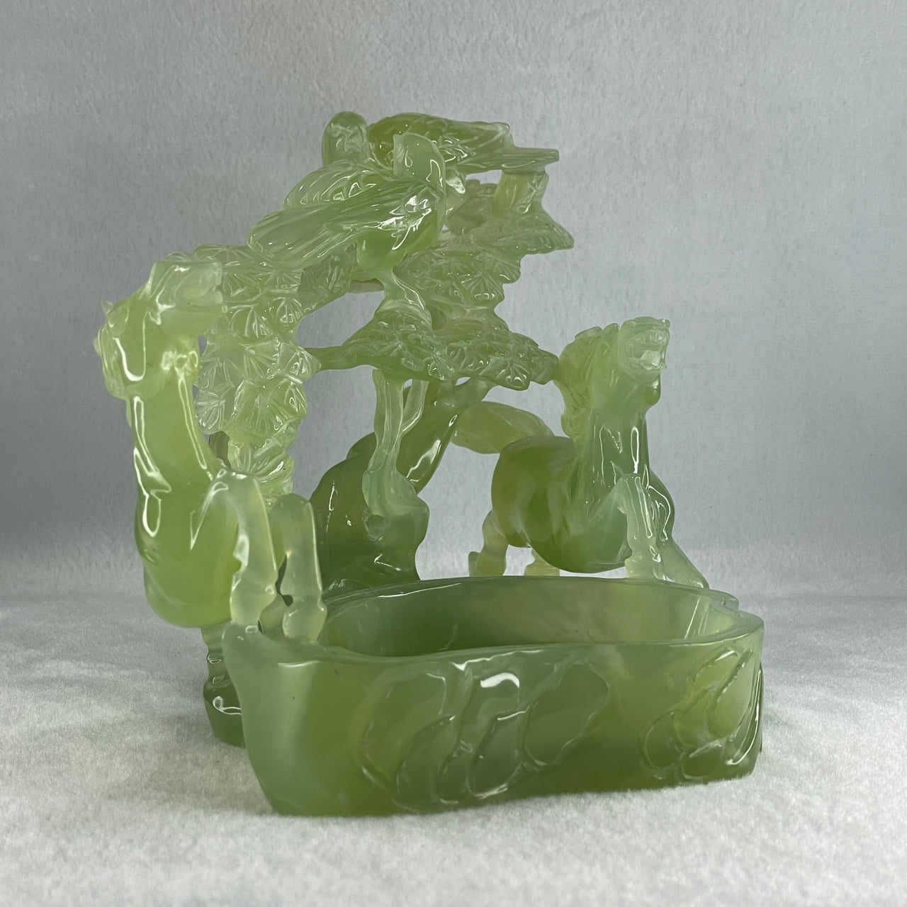 Natural Green Serpentine Double Horses with Twin Birds on Tree and Pond Display 1,254.1g L243.0 by B135.0 by H146.0mm