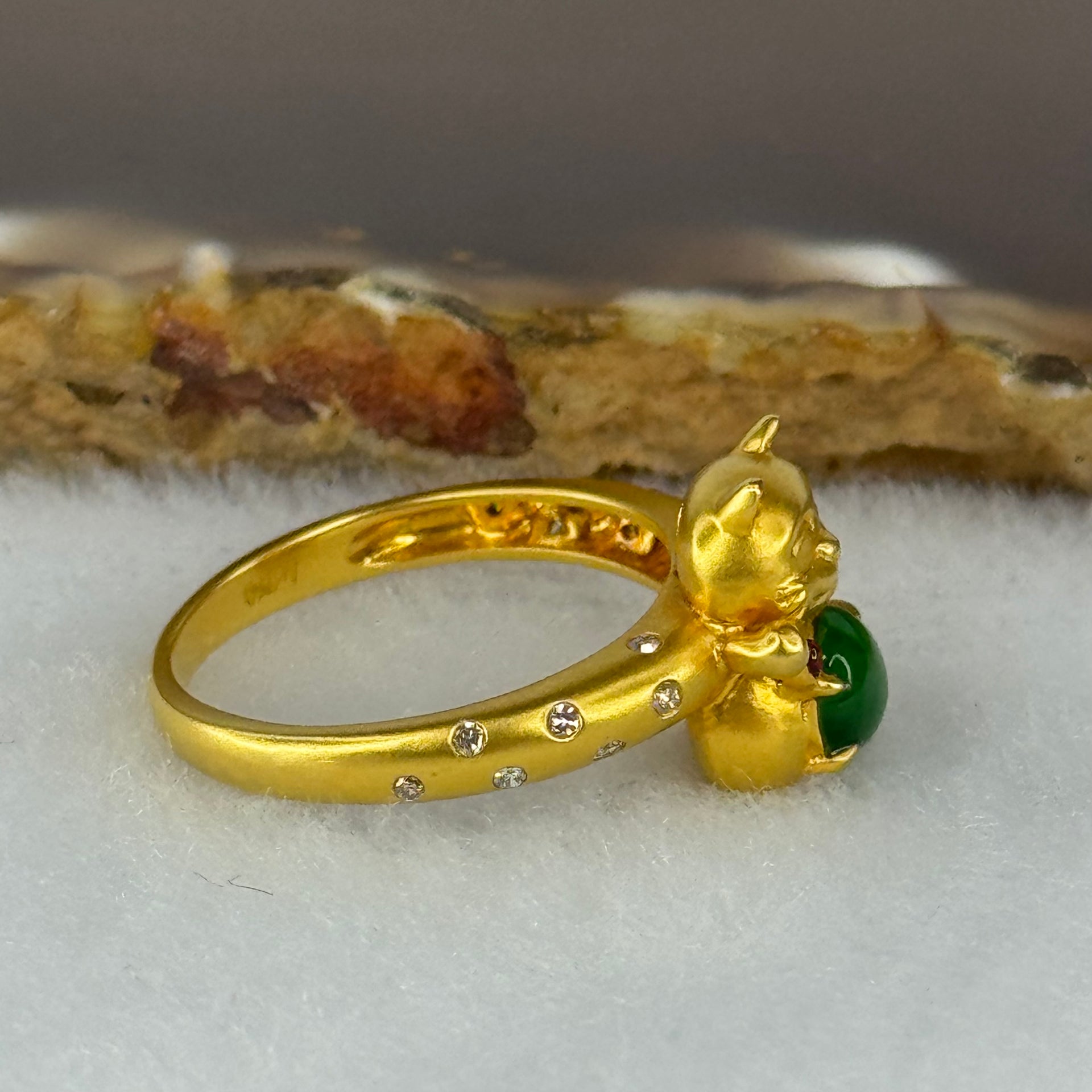 Type A Burmese Icy Gull Spicy Green Jade Jadeite Fortune Cat 18k yellow gold 4.61g Fortune cat 11.9 by 11.2 by 6.8mm with Diamonds Ring inner diameter 16.9mm US6.5 HK14.5 Inner Dia 17.0mm - Huangs Jadeite and Jewelry Pte Ltd