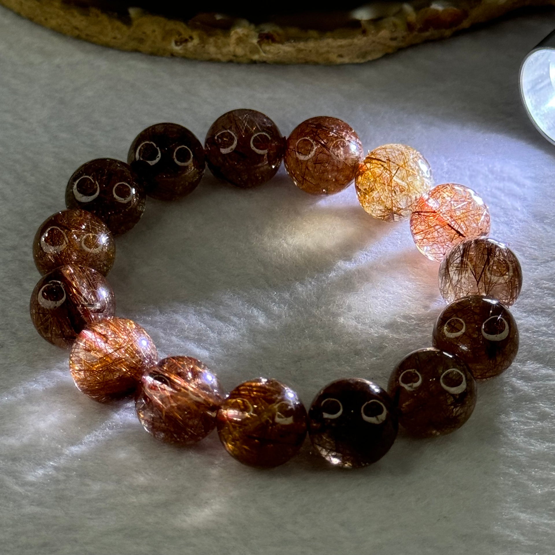 Natural Copper Rutilated Quartz Beads Bracelet 銅髮晶手镯 52.90g 17.5cm 14.mm 15 Beads - Huangs Jadeite and Jewelry Pte Ltd