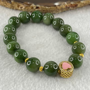 Natural Green Nephrite Beads with Gold Color Charm Bracelet 36.94g 11.4mm 15 Beads - Huangs Jadeite and Jewelry Pte Ltd
