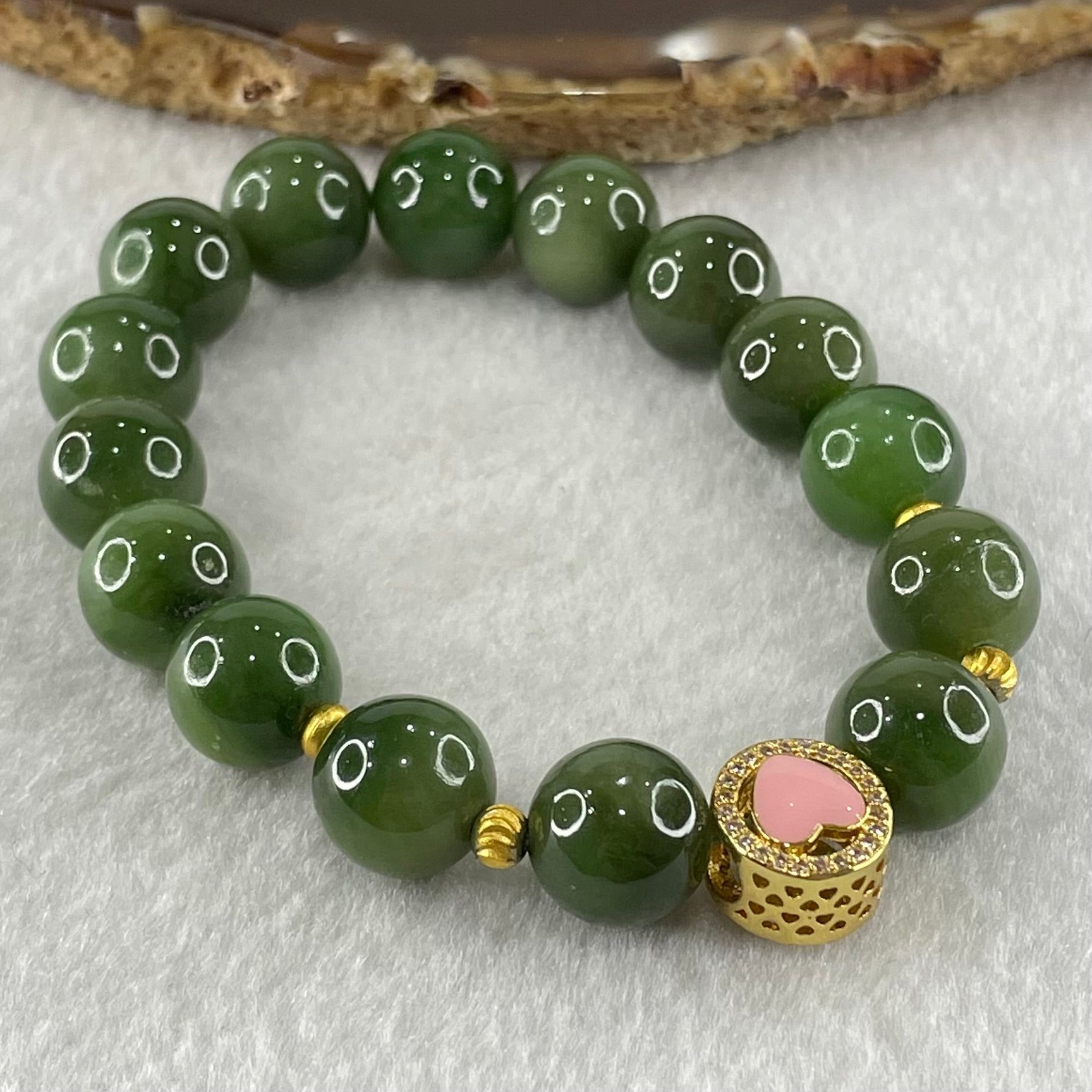Natural Green Nephrite Beads with Gold Color Charm Bracelet 36.94g 11.4mm 15 Beads - Huangs Jadeite and Jewelry Pte Ltd