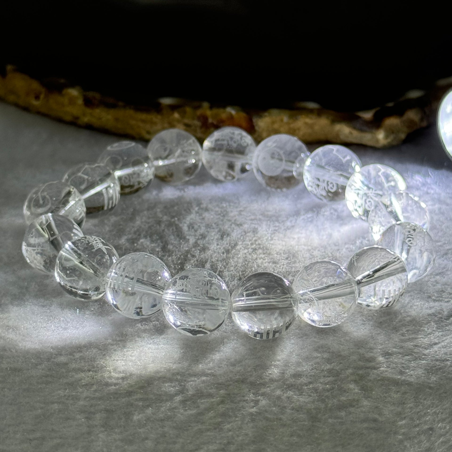 Natural Clear Quartz Beads with Inscription Bracelet 42.26g 17.5cm 12.3mm 17 Beads - Huangs Jadeite and Jewelry Pte Ltd